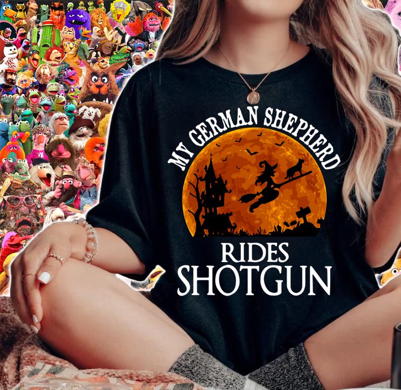 German Shepherd Rides Shotgun Dog Lover Halloween Party t-shirt woman shirt