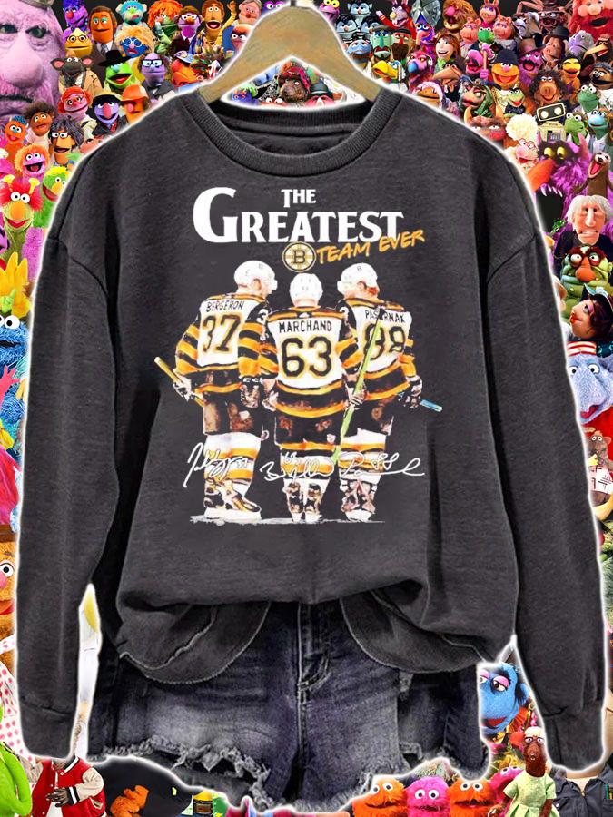 The greatest team ever Patrice Bergeron Brad Marchand David Pastrk signatures shirt t-shirt sweatshirt