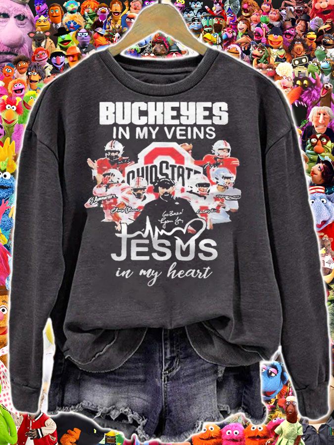Ohio State Buckeyes in my Veins Jesus in my heart signatures T-shirt t-shirt sweatshirt