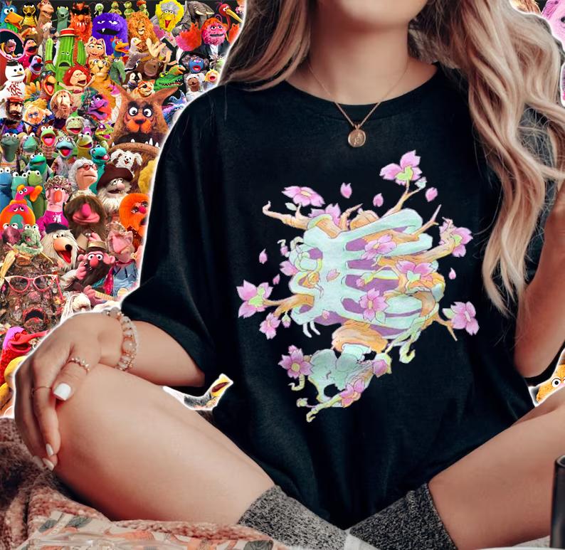 Pastel Goth Nu Goth Rib Cage Skeleton Flowers Cherry Blossom Shirt t-shirt woman shirt