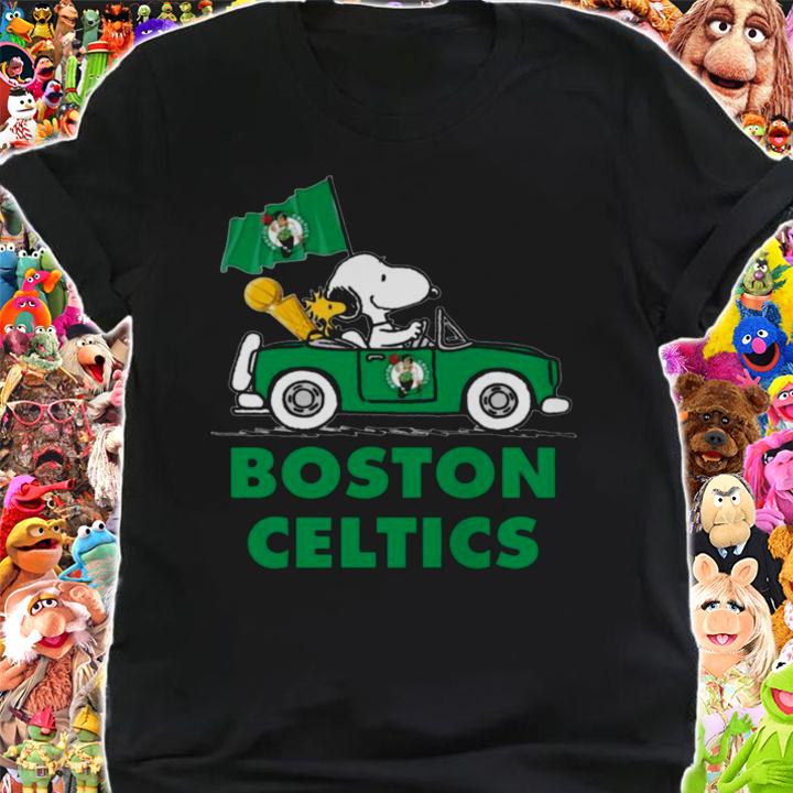 Snoopy And Woodstock Driving Car Boston Celtics Flag t-shirt
