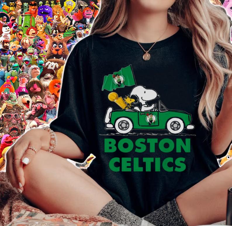 Snoopy And Woodstock Driving Car Boston Celtics Flag t-shirt