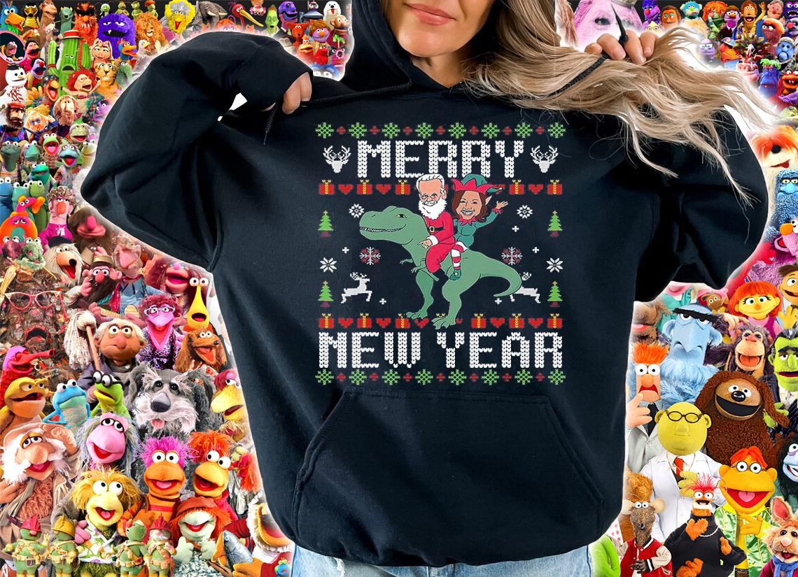 Merry New Year Ugly Christmas Santa Claus Elf Dinosaur Ride Biden Harris T-Shirt