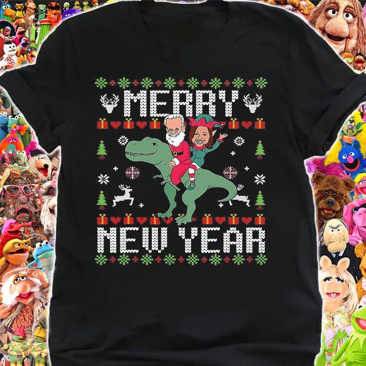 Merry New Year Ugly Christmas Santa Claus Elf Dinosaur Ride Biden Harris T-Shirt