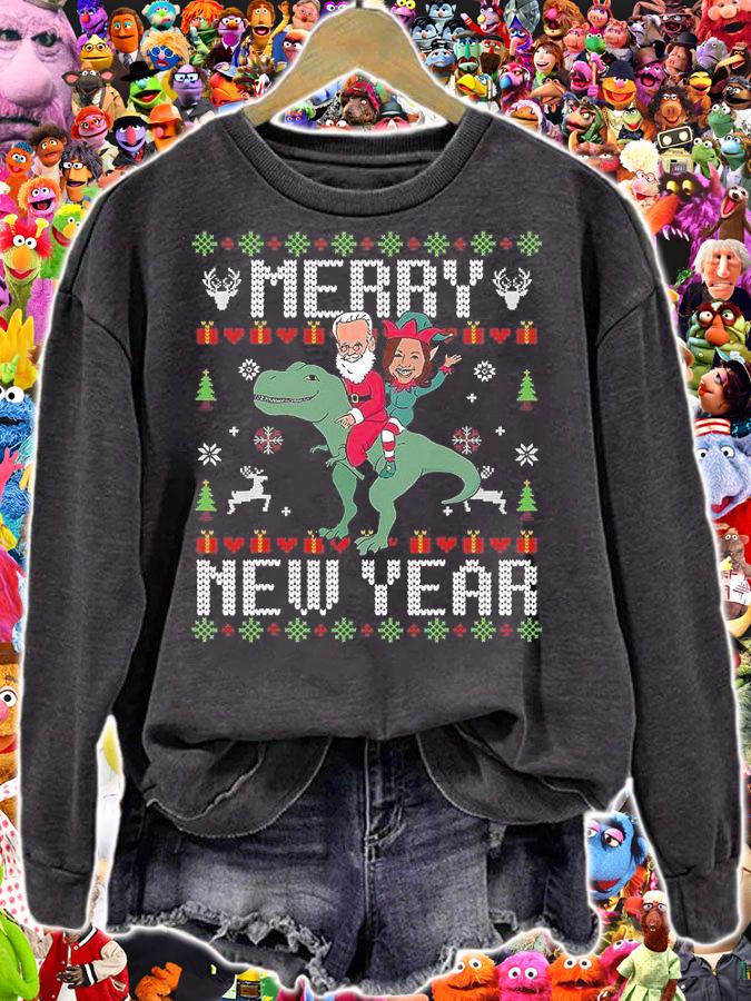 Merry New Year Ugly Christmas Santa Claus Elf Dinosaur Ride Biden Harris T-Shirt