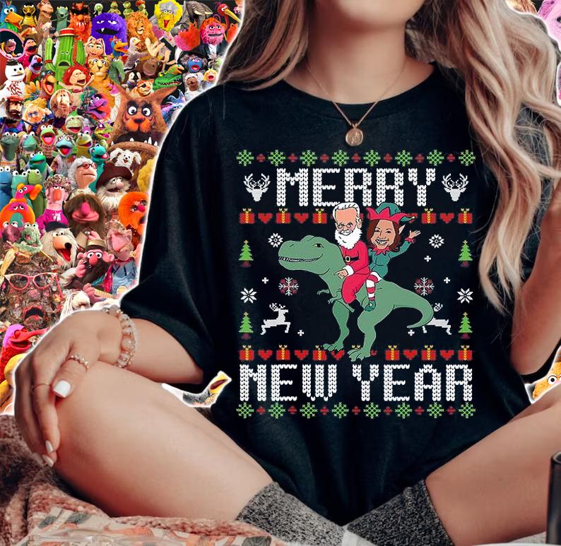 Merry New Year Ugly Christmas Santa Claus Elf Dinosaur Ride Biden Harris T-Shirt