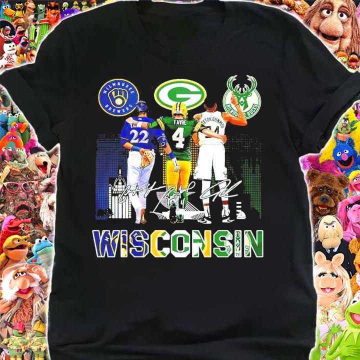 WISCONSIN Milwaukee Brewers Orlando Arcia Green Bay Packers Brett Favre Milwaukee Bucks Giannis Antetokounmpo signatures shirt shirt