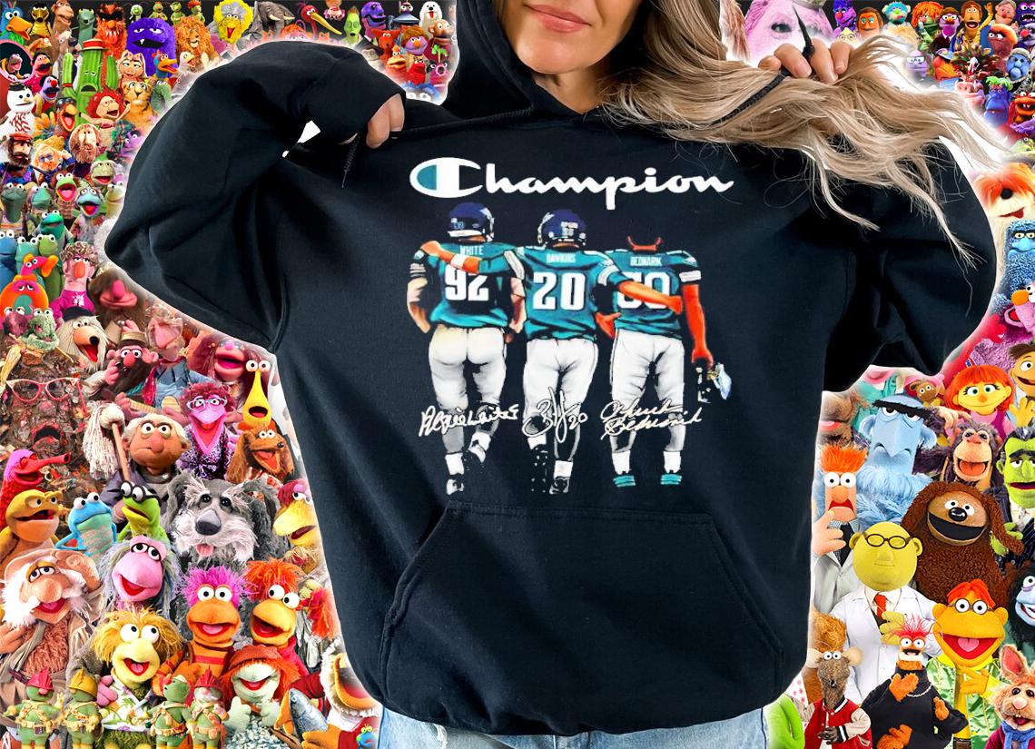 White Dawkins and Bednarik Champion shirt hoodie