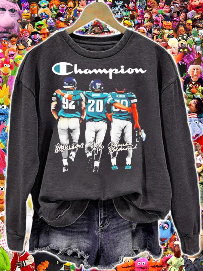 White Dawkins and Bednarik Champion shirt sweatshirt
