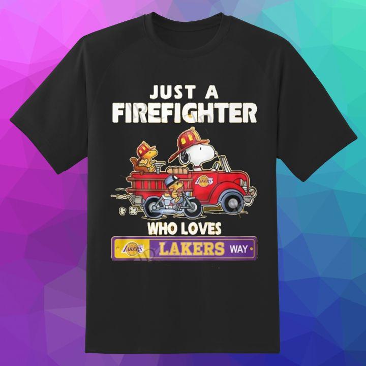 Personalized Snoopy Woodstock Just A Firefighter Who Loves Los Angeles Lakers Way Shirt